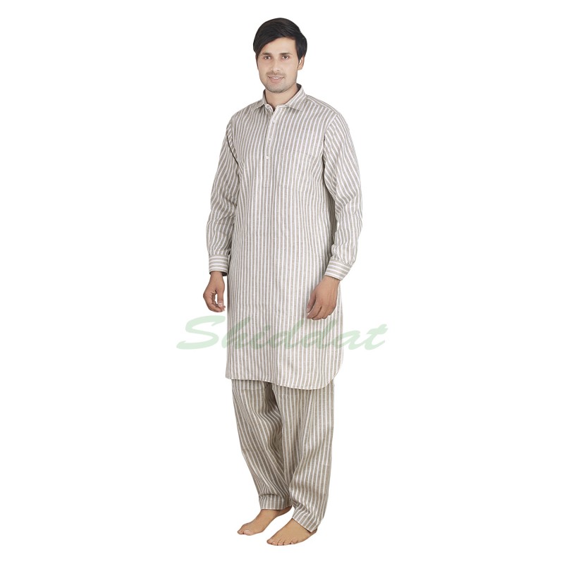 Pathani Suit online- White strips on tea colored cotton kurta